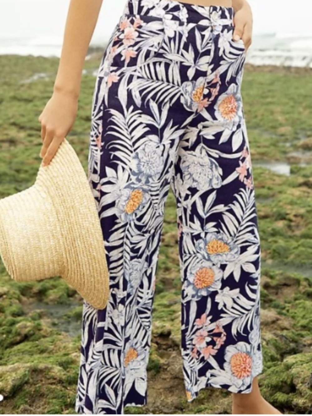 Anthropologie Maeve Bromeliad Blue Floral Tropical Printed Wide Leg Pants Sz 8